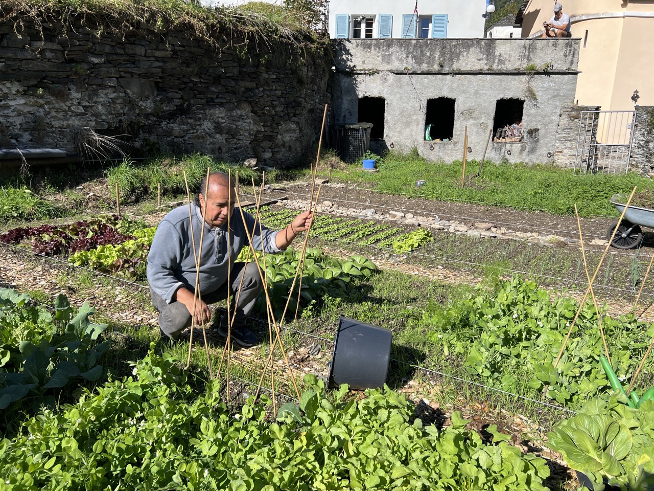 Una persona al lavoro tra le aiuole dell'orto pilota Ayni